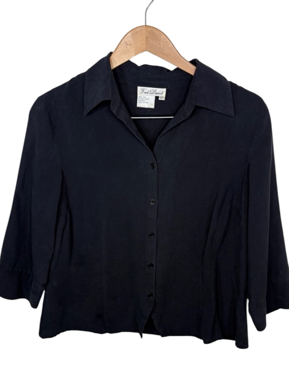 Vintage Fred David Black 100% Silk Button Up Blouse Women Size XL
